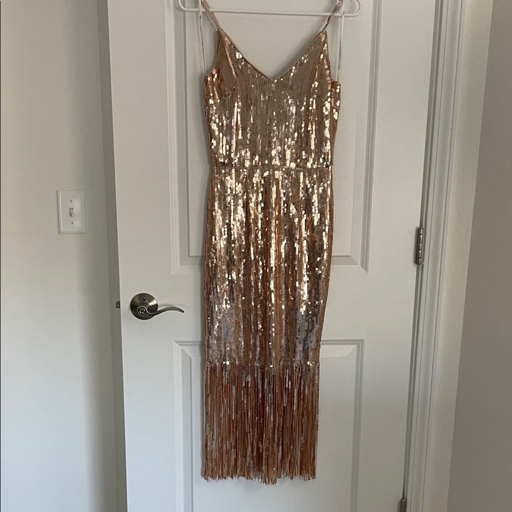 Lulu's Rose Gold Sequin Fringe Midi Dress